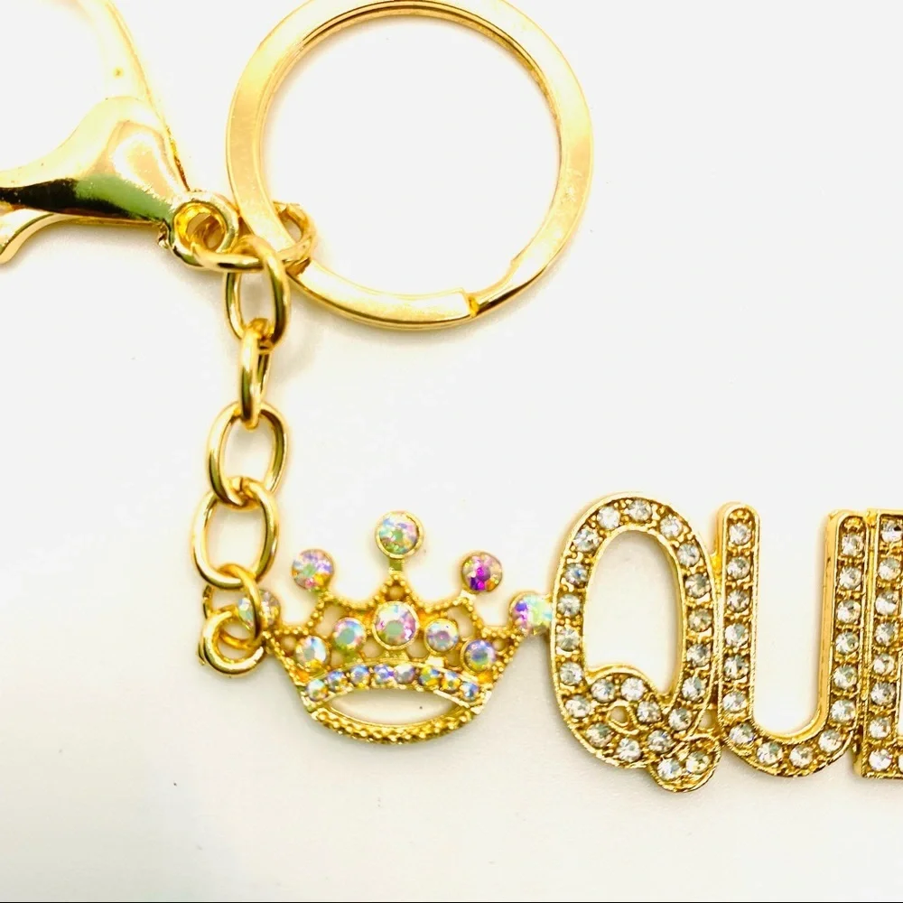 Purse Charm Key Chain Queen Iridescent Crystals set in golden tone. BRAND NEW